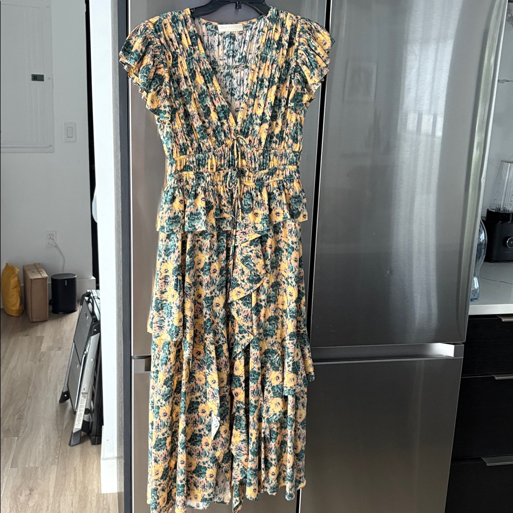Ulla Johnson Yellow And Green Floral Tiered Midi Dress. 2.